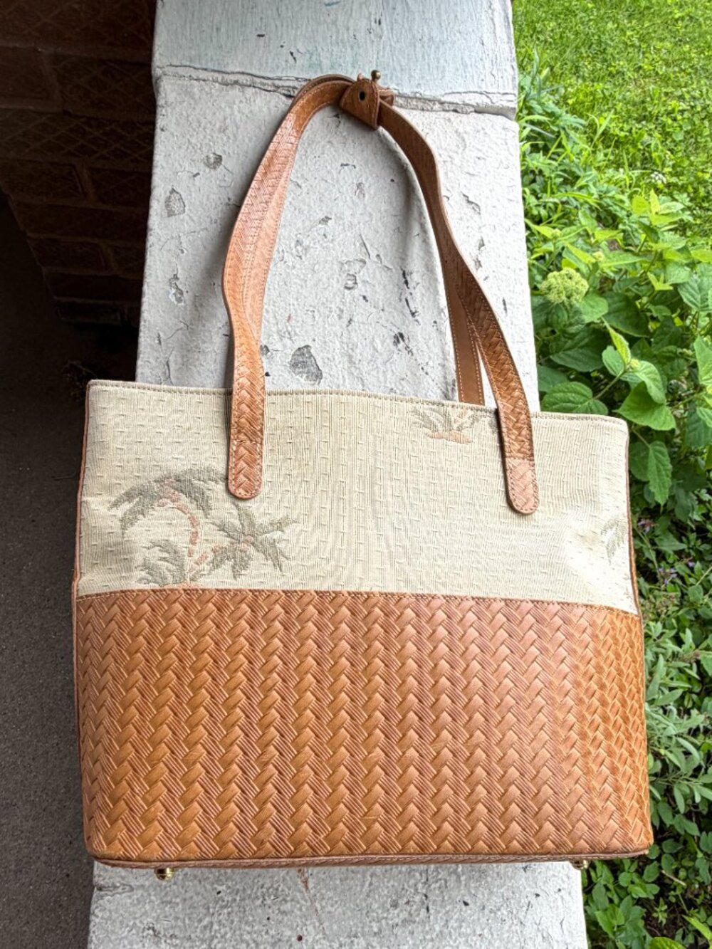 BRAHMIN Vintage Copa Cabana Tropical Palm Trees Coastal Woven Zip Shoulder Bag